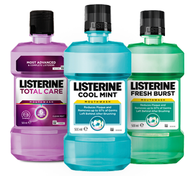 Image of three Listerine bottles: Total Care, Cool Mint and Fresh Burst